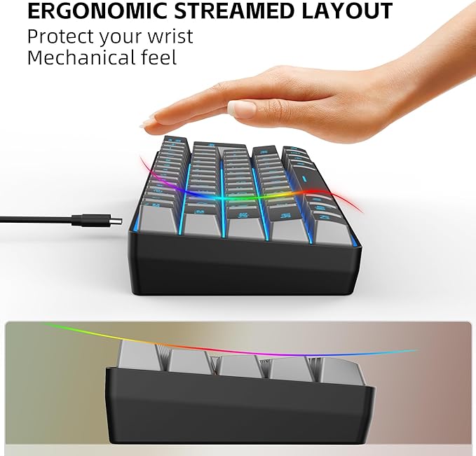 Snpurdiri 60% Wired Gaming Keyboard, RGB Backlit Ultra-Compact 61 Keys 60 Percent Mini Gaming Keyboard for PC/Mac Gamer, Typist, Travel, Easy to Carry on Business Trip(Iron Grey)