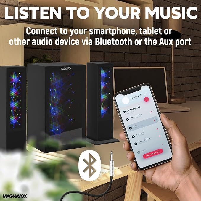 Magnavox MHT990 2.1 Home Entertainment System with Bluetooth Wireless Technology and Color Changing Lights in Black | AUX Port | Subwoofer with 2 Speakers | Pulsing Lights |