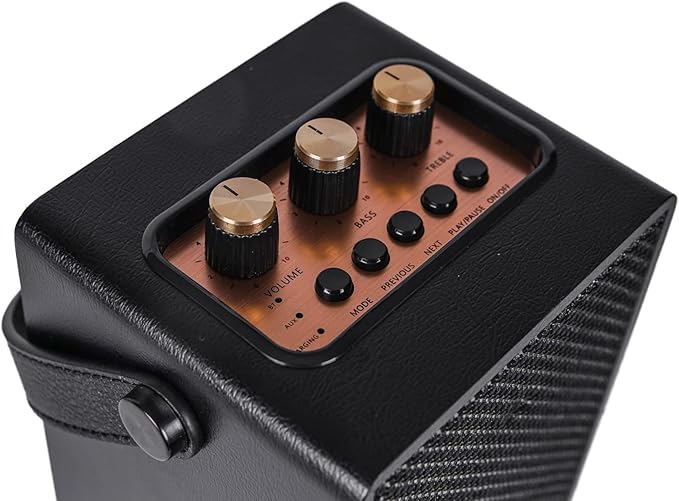 Fuse Andle Vintage Retro Bluetooth Speaker with Vegan Leather Handle | Portable Speaker with Smartphone Connection | USB & AUX Input | Stylish Black Wood Exterior