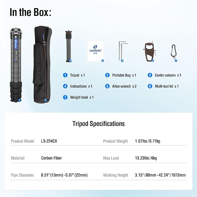 42.2" Carbon Fiber Travel Tripod with 4-Section Leg, Professional Shoot Tripod for Travel/Video/Live Streaming, Max Load 13.23lb with 1/4"-20 Threaded Accessory Socket