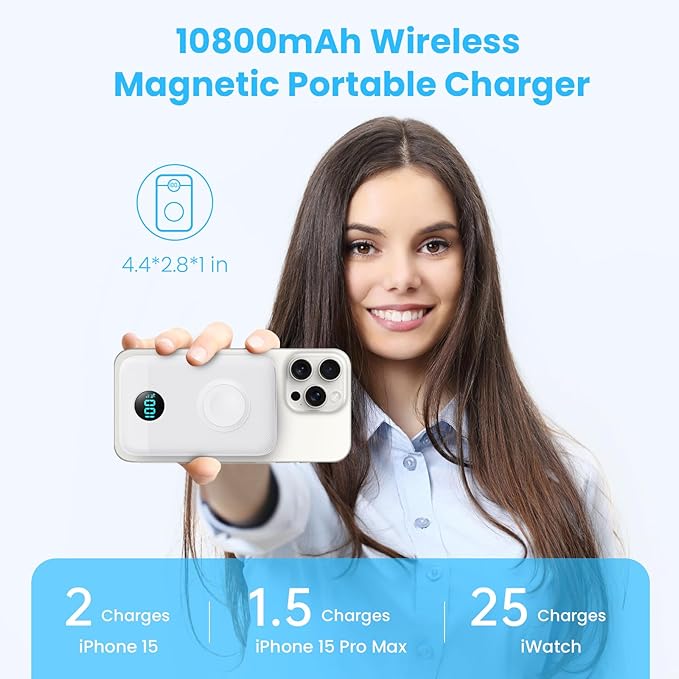 Magnetic Portable Charger 10800mAh,4-in-1 Wireless Power Bank with iWatch Charger, QC4.0+20W PD Fast Charging USB C Battery Pack with LCD Display for Magsafe,iPhone 16/15/14/13/12,Apple Watch (White)