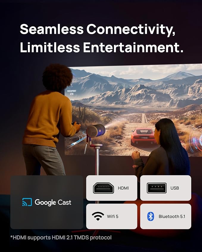 XGIMI MoGo 4 2025 NEW Portable Projector with PowerBase Stand, 5 Hours of Playtime, Google TV with Licensed Netflix, 360° Adjustable Stand, 450 ISO Lumens, 2 x 6W Harman Kardon