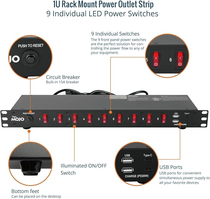 Tecmojo 9-Outlet Rack Mount Power Strip,1U Horizontal PDU Individual Switch 6ft Cord, with 2USB and 2 Type-C,for IT and Network Racks and Cabinets
