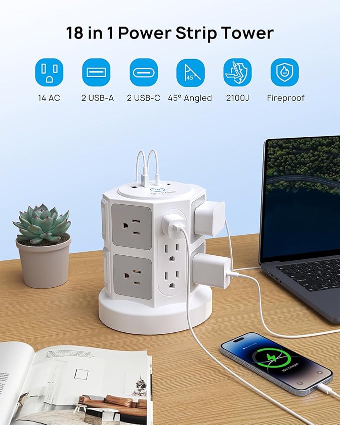 TROND Tower Surge Protector Power Strip, 10 ft Ultra Thin Flat Plug Extension Cord, 14 Widely Spaced Outlets and 4 USB Ports (2 USB-C), 2100J, Overload Protection for Home Office Desk, Dorm Essentials