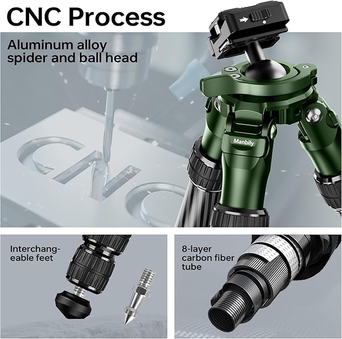 Manbily Shooting Tripod, Carbon Fiber Hunting Tripod with 36mm Legs and 45mm Ball Head, Picatinny to Arca Swiss Adapters, Max Load 44lbs (QM-364PA-Green)
