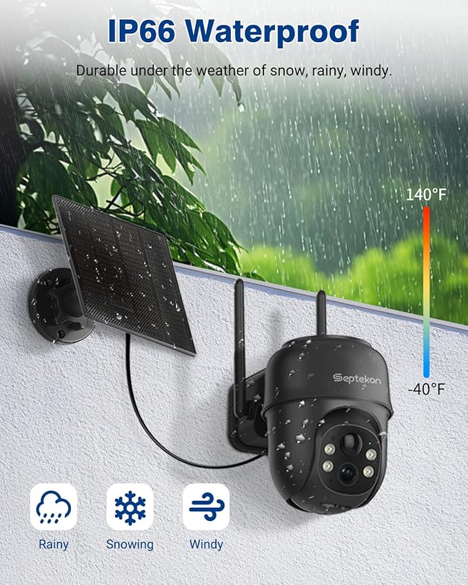 Septekon 2K Solar Security Cameras Wireless Outdoor 2 Pack, 360°PTZ Battery Powered Outdoor Camera, 2.4G WiFi Camera with Spotlight Color Night Vision, Motion Sensor Alarm, IP66, Black