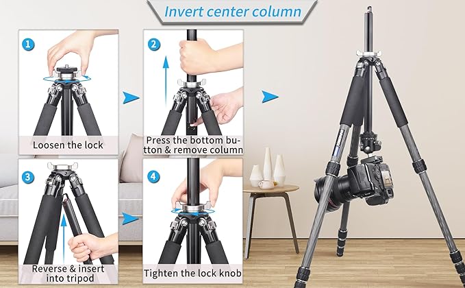 Carbon Fiber Travel Tripod-INNOREL GT255C 64.6in 5 Section Professional Compact Portable Camera Tripod Stand for Travel Outdoor Digital DSLR with Special-Shaped Center Column Max Load 33lb/15kg
