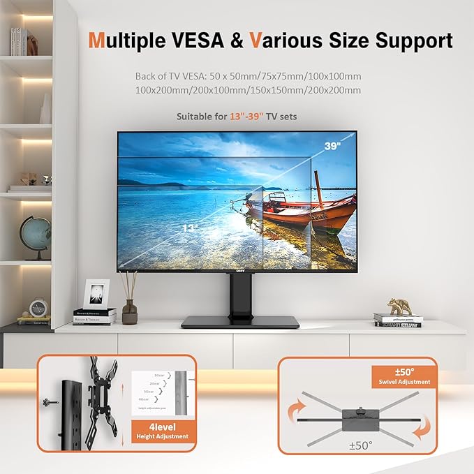 Universal Swivel TV Stand/Base Table Top TV Stand for 13 to 39 inch TVs with 100 Degree Swivel, 4 Level Height Adjustable, Heavy Duty Tempered Glass Base, Holds up to 88lbs, HT07B-002