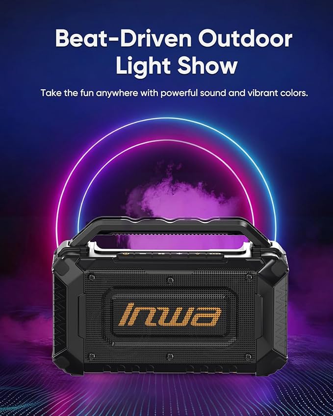 Inwa Jobsite Bluetooth Speakers, 60W Outdoor Portable Wireless Speakers, Compatible with DeWalt & Milwaukee Battery, Loud Boombox w/Bass, RGB Lights & Aux, for Work/Workshop/Garage(Black)