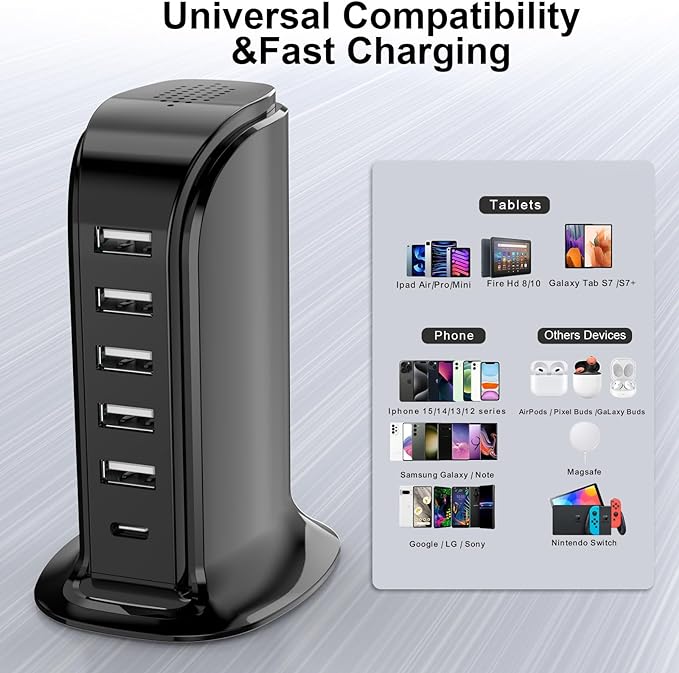 USB Charger Block with Type C, 6-Port Chargers for Multiple Devices, USB Charging Hub with Smart IC, Charger Station Total 60W for Phone/Tablet/Gaming, Wall Charger Adapter Compact&Portable