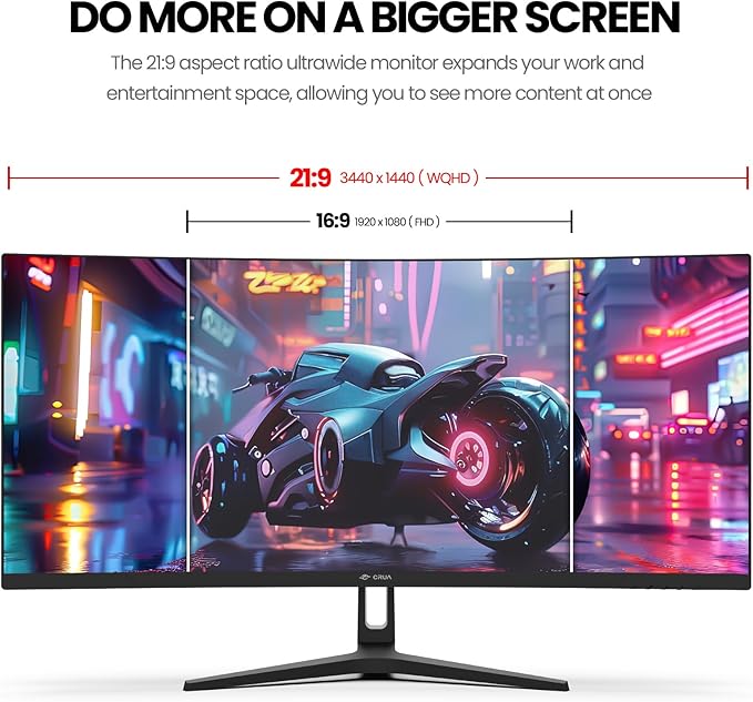 CRUA 34Inch Ultrawide Gaming Monitor, WQHD(3440 * 1440P) 144Hz/165Hz Curved Monitor,120% sRGB, Computer Monitor That Supports AMD Freesync, Wall Mountable Installs(HDMI, DP)-Black