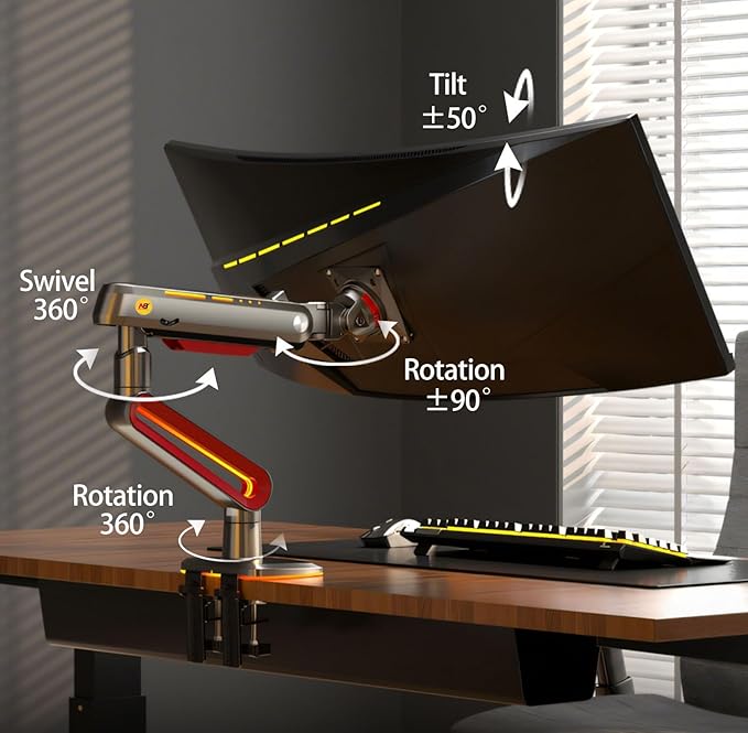 NB Designer Gaming Monitor Arm for 32 to 60 Inches Screen, Load up to 20 kg, VESA 75/100, RGB-Light, Heavy Duty, Multi Angle Adjustable, Premium Aluminum, Long Arm Extension Red