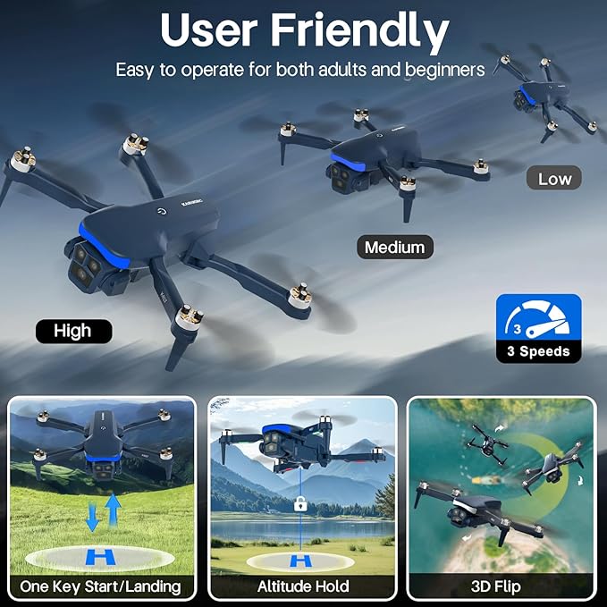 Mini Drone Professional with Blue LED Electric Adjustable Camera,brushless Drones FPV Adults Long Range Gravity Control Gesture Selfie,Drone Wind Resistant Headless Mode Tap Fly Foldable,3 Speeds
