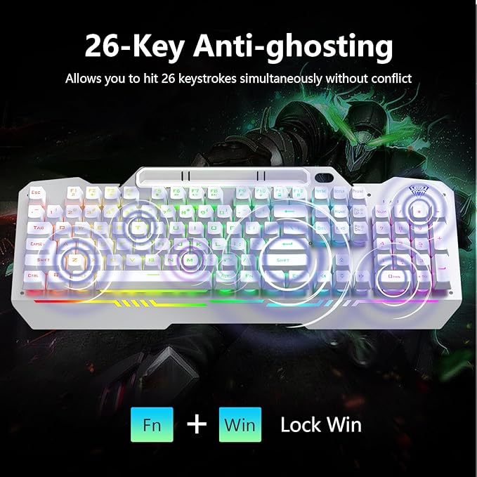 AULA Gaming Keyboard, T102 104 Keys Keyboard and Mouse Combo, USB Wired Computer Keyboards Mechanical Feel Full Size, RGB Backlit for PC/Laptop Gaming or Working/Office (White)