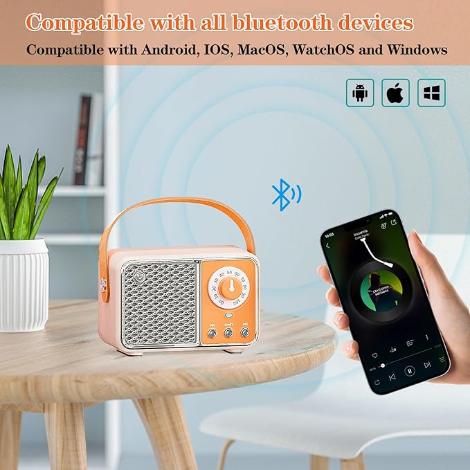 Retro Bluetooth Speaker, Vintage Decor, Wireless Portable Mini Bluetooth Speaker, Small Cute Stylish Vintage Speakers for Kitchen Desk Bedroom Home Office Party Outdoor Gift Orange