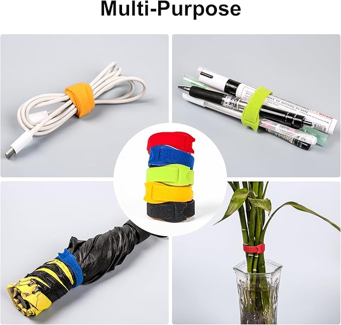 OneLeaf 110PCS Cord Organizer 8 × 1/2" Reusable Cable Ties with Hook and Loop, Colorful Fastening Cord Ties Wire Management for Home, Office, Data Centers, and Electronics, 5 colors