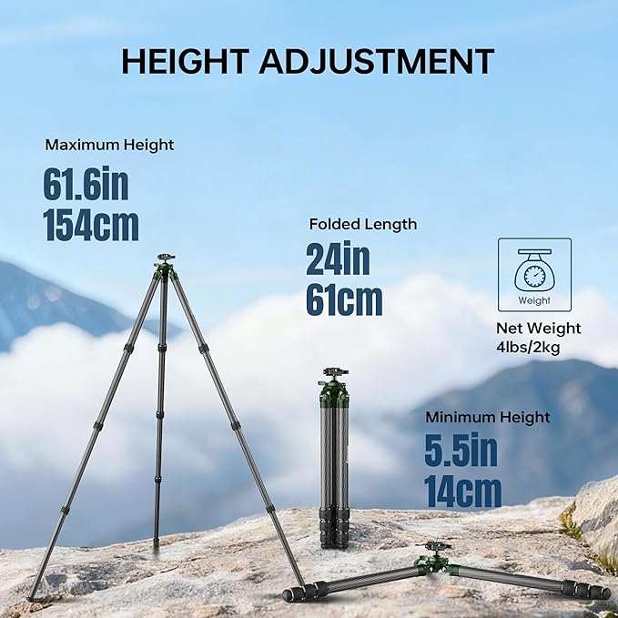 Manbily Shooting Tripod, Carbon Fiber Hunting Tripod with 36mm Legs and 45mm Ball Head, Picatinny to Arca Swiss Adapters, Max Load 44lbs (QM-364PA-Green)