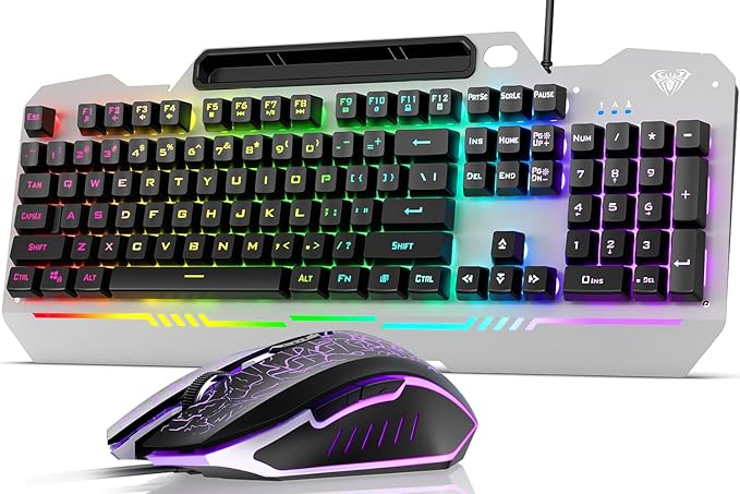 AULA Keyboard, T102 104 Keys Gaming Keyboard and Mouse Combo with RGB Backlit Number Pad, All-Metal Panel Waterproof Light Up PC Keyboard,USB Wired Computer Keyboards Gaming for Win XP/7/8/10 PC Gamer