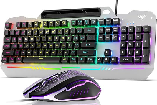 AULA Keyboard, T102 104 Keys Gaming Keyboard and Mouse Combo with RGB Backlit Number Pad, All-Metal Panel Waterproof Light Up PC Keyboard,USB Wired Computer Keyboards Gaming for Win XP/7/8/10 PC Gamer