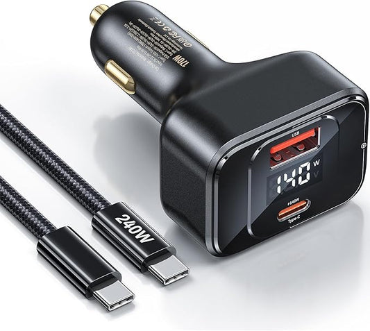 PD3.1 140W Single Port Max Output Power USB-C Car Charger, 170W Max 2-Port Type-C Fast Car Charger with Real-Time Display for MacBook, Laptop, iPhone 17/16/15/14, Samsung S25/24, Drone and More