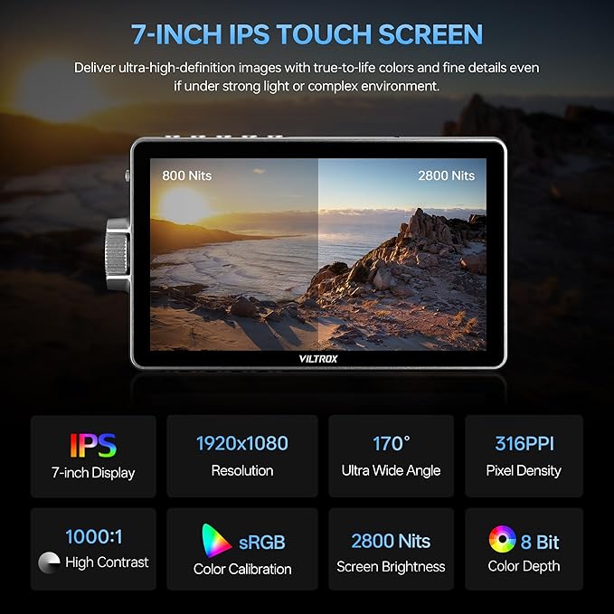 VILTROX DC-A1 2800 Nit Camera Monitor, 7 inch HD 1920x1080 IPS Touch Screen Camera Field Monitor with 4K HDMI 2.0 in/Out, 3D LUT, Focus Peaking, Video Assist, HDR Full Waveform, F550 Battery