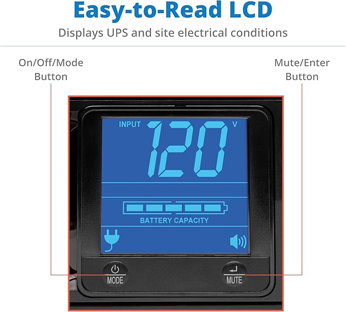 Tripp Lite SMART1500LCD 1500VA Rack Mount UPS Battery Backup, 900W, 8 Outlets, PWM Sine Wave, Short Depth 2U Rackmount UPS, AVR, LCD Screen