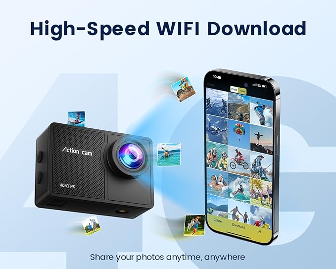 4K 60FPS Action Camera with 64GB Card-48MP Waterproof Camera,40M Underwater Camera,8X Zoom,EIS Stabilization,WiFi,Remote Control,MotorcycleCamera with 2 Rechargeable Batteries