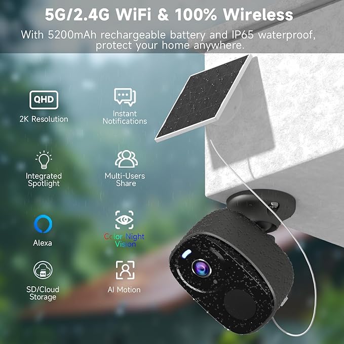 4pcs Wireless Security Cameras Outdoor,5G/2.4G Solar Cameras, 2K Battery Powered Surveillance Cameras for Outdoor Use, Color Night Vision, AI Detection, 2-Way Talk, IP65, SD/Cloud, Works Alexa