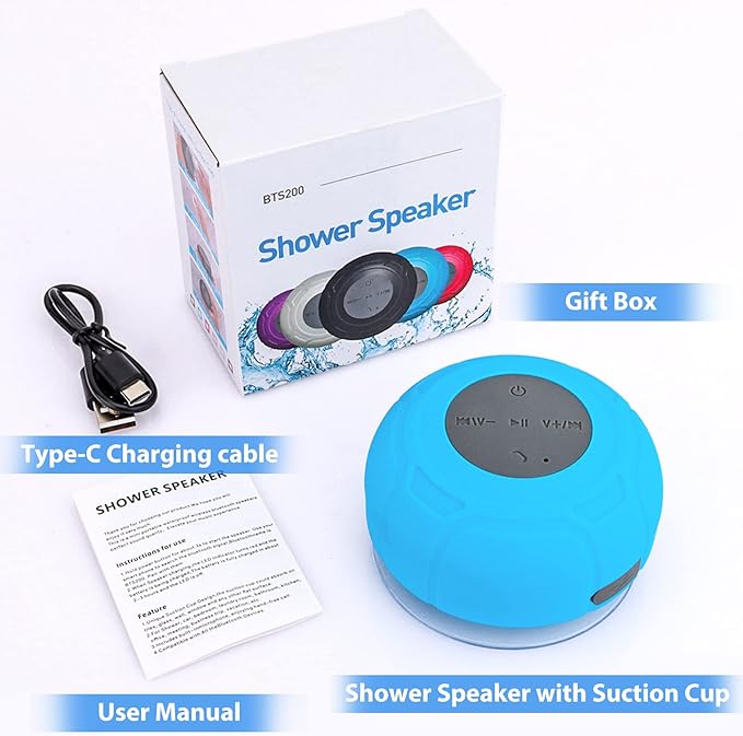Waterproof Bluetooth Shower Speaker Portable Wireless Water-Resistant Speaker Suction Cup,Built-in Mic Gifts for Kids Speakerphone for iPhone Phone Tablet Bathroom Kitchen - Blue