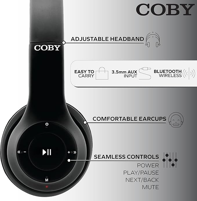 Coby Bluetooth Headphones, Rechargeable and Foldable Over-Ear Headset with Mic, TF Card Slot and AUX Input, Hands-Free Controls, 5-Hour Playback, Micro-USB Cable Included, Black
