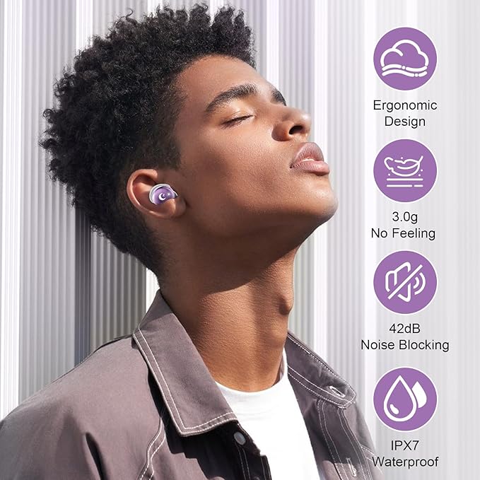 Sleep Earbuds Bluetooth 5.4 Smart Touch Screen in Ear Ear Buds, 48H Mini Sleep Headphones Small Design for Side Sleepers, Clear Calls, 5 EQ Modes, IPX7 Waterproof Earphones, Light Purple Earbuds