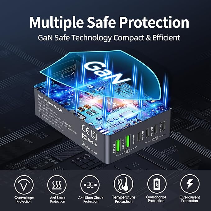 220W USB C Charger Block, 6-Port GaN USB C Charging Station PD 100W PC Laptop Fast Charger Adapter Compatible with iPhone 16, Galaxy 25, MacBook,ipad and More Devices(Black)