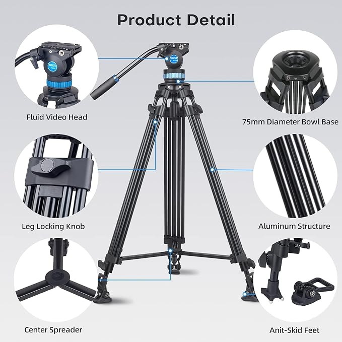 SIRUI AM-25S Video Tripod, 74.8" Professional Heavy Duty Tripod with Adjustable Damping Fluid Head for Camcorder, Cameras, DSLR, 360° Pan & +90°/-75° Tilt, Quick Release Plate, Max Load 22.0lb