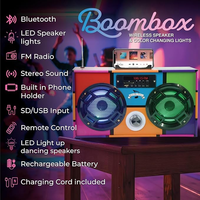 Mini Boombox with LED Speakers – Retro Bluetooth Speaker w/Enhanced FM Radio - Perfect for Home and Outdoor (Retro)