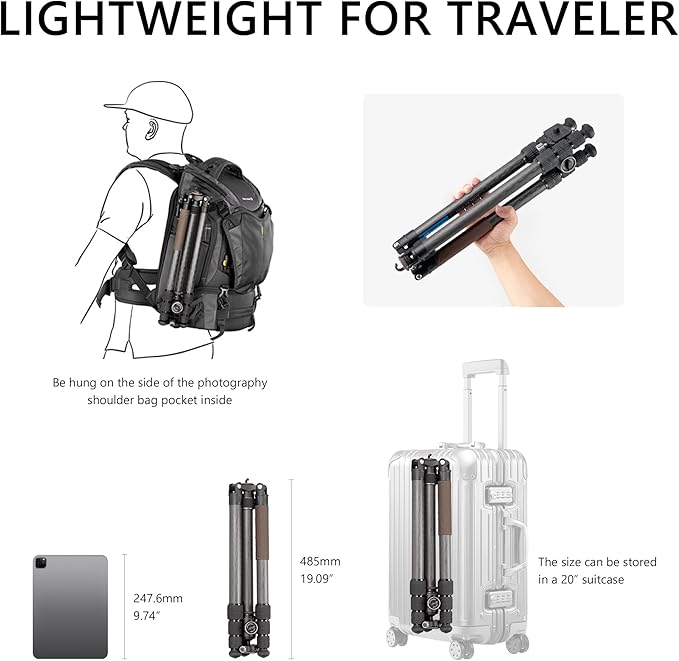 Portable Travel Tripod, Carbon Fiber Camera Tripod with Ball Head, with 360° Detachable Center Column, Folded Length 485mm, Max Load 15kg, Max. Height 1735mm (LX-324CT+XB-38)