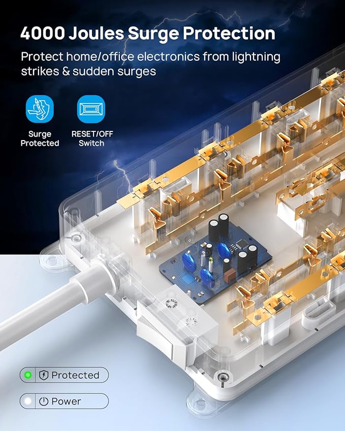 TROND Surge Protector Power Strip 15 ft, Flat Plug Extension Cord, 13 Wide Spaced Outlets, 4000 Joules, 32W Quick Charge 3.0 & USB C, Wall Mount, Under Desk, Heavy Duty, Mountable, ETL Listed, White