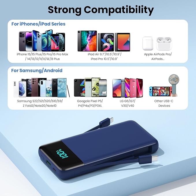 Portable Charger 13800mAh for iPhone with Built-in Cables & AC Wall Plug,5-in-1 USB-C Power Bank,LCD Display External Battery Pack Phone Charger Compatible with iPhone 16/15/14,Android (Dark Blue)