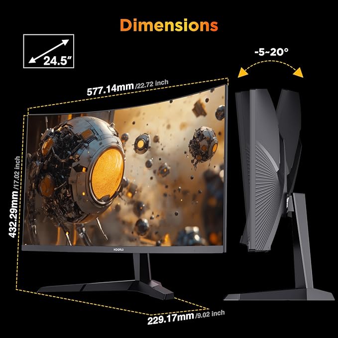 KOORUI 25 Inch Curved Gaming Monitor 240Hz FHD 1080P Computer Monitor, 1500R 1ms GTG Display, Adaptive Sync, 90% DCI-P3,HDR, Eye Care, Tilt Adjustable, VESA 75x75mm, Black,G2511XC