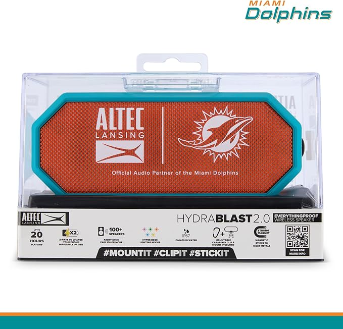 Altec Lansing - Portable Bluetooth Speaker HYDRABLAST 2.0, Waterproof IP67, 20W Output Power, Magnetic Bluetooth Speaker (Miami Dolphins)