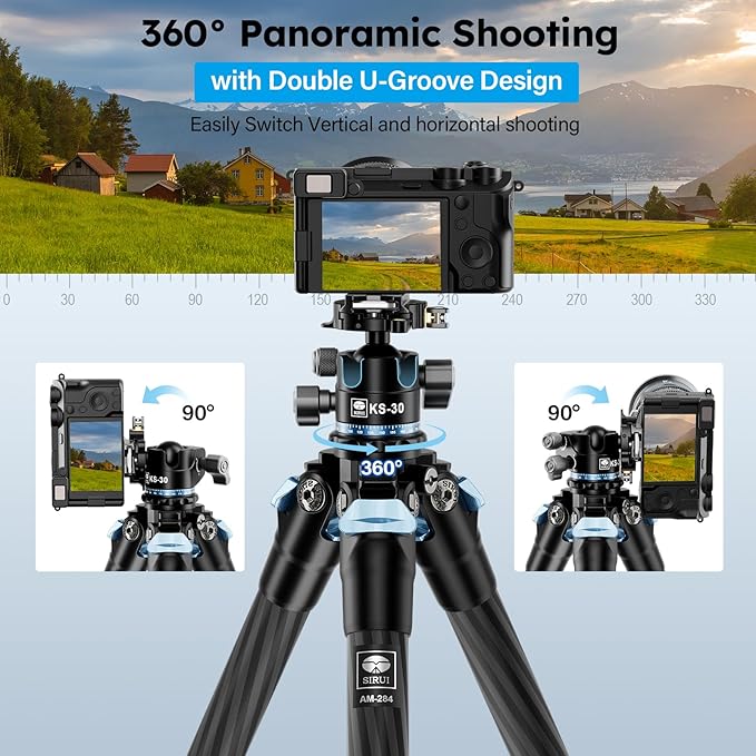 SIRUI Carbon Fiber Camera Tripod, 50.7" Professional Heavy Duty Tripod with 36mm Low Profile Ball Head, Quick Release System, Max Load 33lbs/15kg, AM-284+KS-30