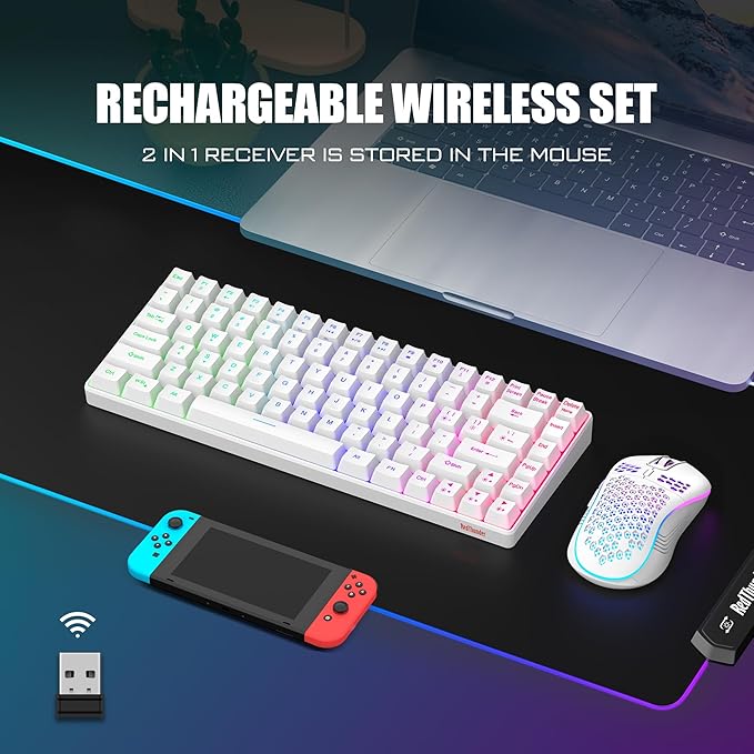 RedThunder K84 Wireless Keyboard and Mouse Combo, Rainbow Backlit Rechargeable Battery, 75% Layout TKL Ultra Compact Gaming Keyboard & Lightweight 3200 DPI Honeycomb Optical Mouse (White)