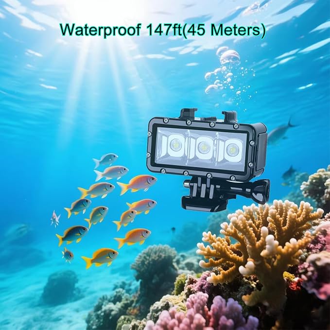 Suptig Diving Light - Waterproof Underwater Light for Gopro Hero 13/12/11/10/9/8/7/6/5/4/3/3+/Session/AKASO/DJI Osmo - 147ft (45m)