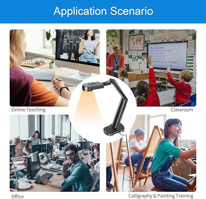 4K USB Document Camera for Teacher, 8MP Webcam & Visualiser for A3 Size with Dual Microphones, 3-Level LED Light, Image Invert, Foldable for Live Demo, Work with Windows, macOS and Chrome OS