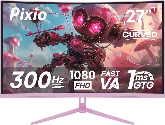 Pixio PXC279 Wave Pink 27 inch 300Hz Refresh Rate FHD 1080p Resolution 1650R Curved Fast VA Panel 1ms GTG Response Time Adaptive Sync HDR Curved Gaming Monitor
