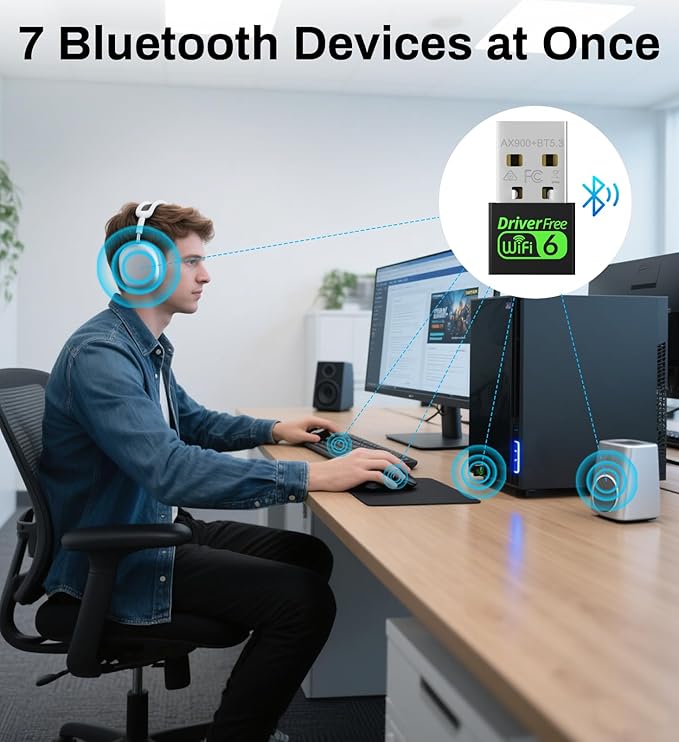 USB WiFi 6 Adapter for PC Desktop & Laptop, 900Mbps Dual Band 2.4/5GHz with Bluetooth 5.3, Nano Size Plug & Play, Windows 11/10 Driver-Free, Reconnect 7 Devices Simultaneously