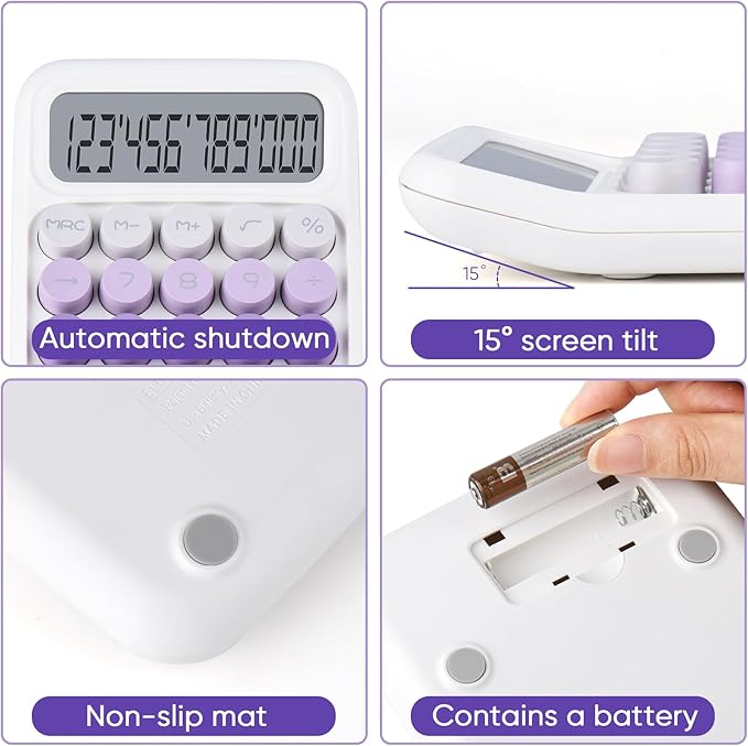 Mechanical Pushbutton Calculator,12 Digit Large LCD Display,Big Buttons Easy to Press,Colorful Candy Calculator,Automatic Sleep,with Battery.for Office,School, Home. (Violet)