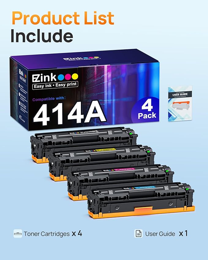 E-Z Ink 414A with Chip Compatible Replacement for HP 414A Toner Cartridges 4 Pack 414X to Use with HP Color Laserjet Pro M454dw M454dn MFP M479dw M479dn M479fdw Enterprise M455dn MFP M480f (BCMY)