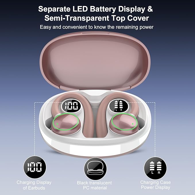 Wireless Earbuds, Bluetooth 5.3 Headphones Sport, Over Ear Buds With ENC Noise Cancelling Mic, 48H, Wireless Earphone With Earhooks, Stereo Deep Bass, IP7 Ear Buds for Workout Running, Rose Gold