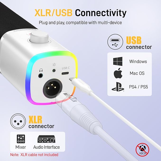 MAONO XLR/USB Gaming Microphone Kit: Dynamic PC Mic for Streaming Podcasting, Software Support, Mute Button, Gain Control, RGB Computer Mic with Boom Arm Stand, for Recording, PS4/PS5, PD100XS White