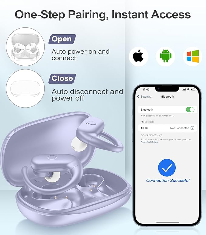 MOZOTER Wireless Earbuds Bluetooth Headphones Sport,Over Ear Buds with Deep Bass Sound,60Hrs Playtime Earphones Redesigned Comfort Fit with Earhooks for Running,Meeting,Workout- Purple